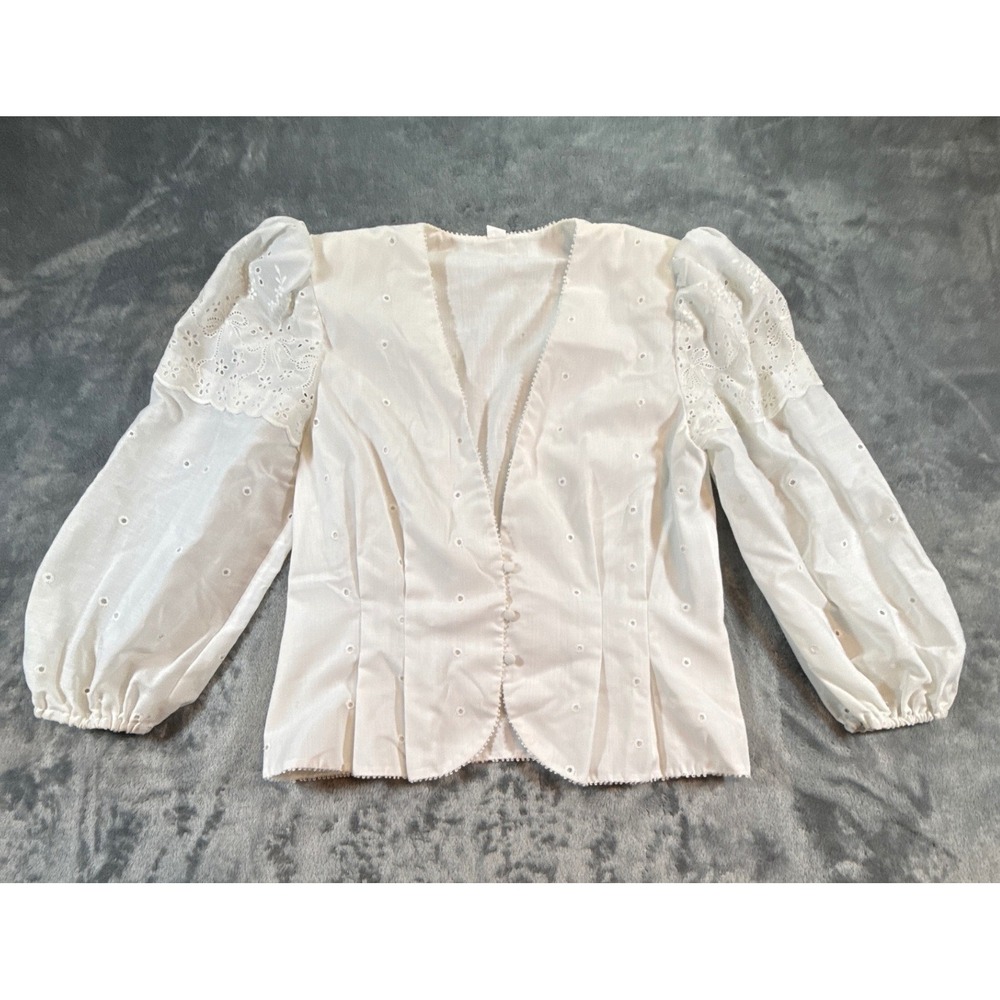 Vintage 70s 80s White Eyelet Puff Sleeve Blouse Jacket Victorian Top 35 bust